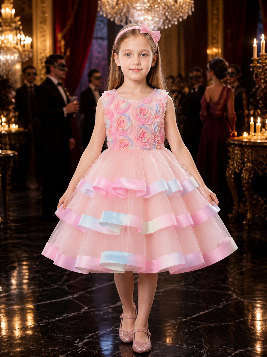 Girls' Princess Dress, Sleeveless Layered Tutu Gown With 3D Rose and Bow Details Costume Dresses detail