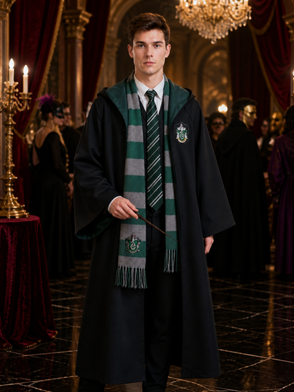 Slytherin Wizard Robe Costume Set with Scarf and Tie, Green Hooded Cloak Costume Capes detail