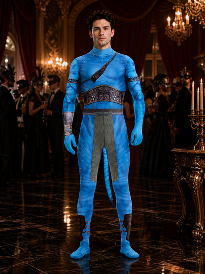 Blue Alien Character Bodysuit Costume, Armor Print with Tail, Halloween Cosplay Costumes detail