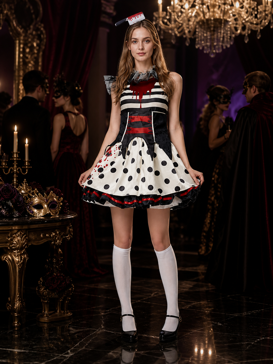 Circus Clown Cosplay Dress with Polka Dot Skirt and Blood Drip Print for Costume Dresses detail