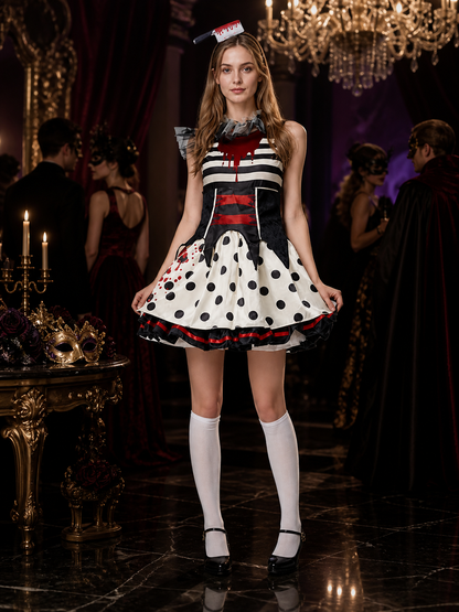 Circus Clown Cosplay Dress with Polka Dot Skirt and Blood Drip Print for Costume Dresses detail