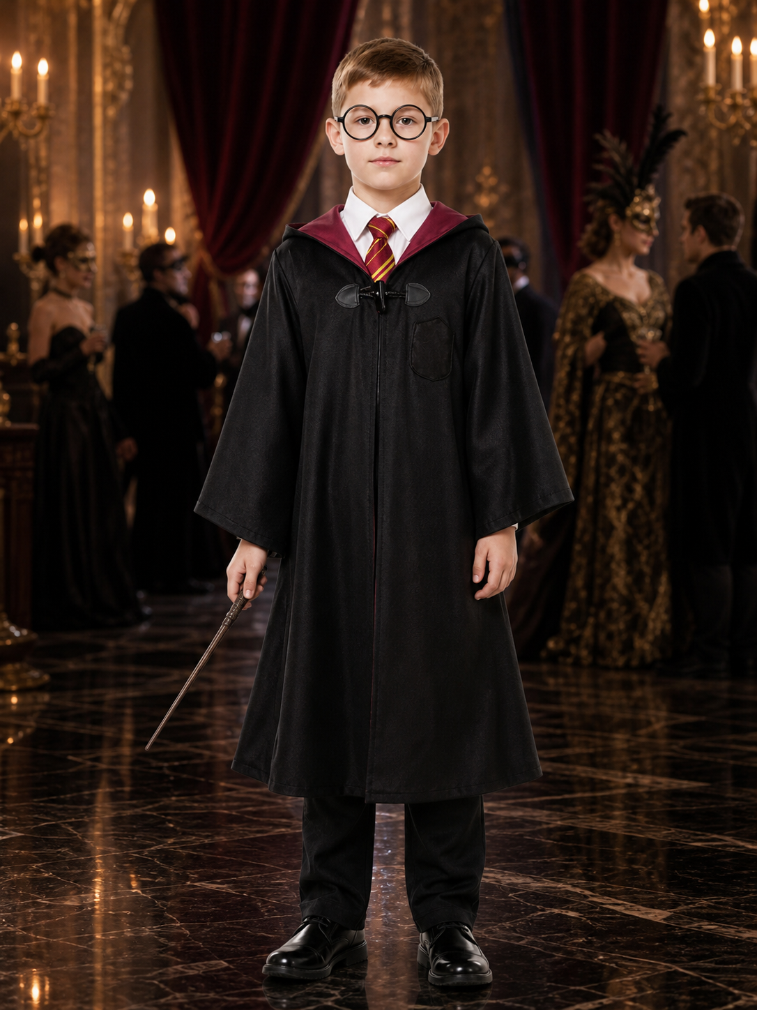 Children's Wizard Costume Set With Hooded Robe, Tie, Glasses, Shirt And Pants Costumes detail