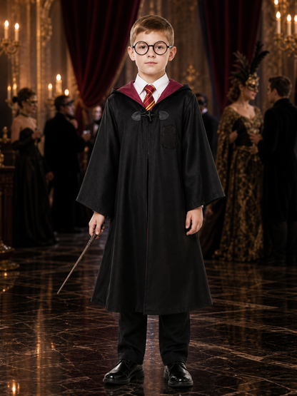 Children's Wizard Costume Set With Hooded Robe, Tie, Glasses, Shirt And Pants Costumes detail
