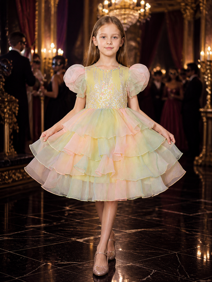 Girls' Multicolor Gradient Princess Formal Dress with Sequined Beaded Bodice and Costume Dresses detail