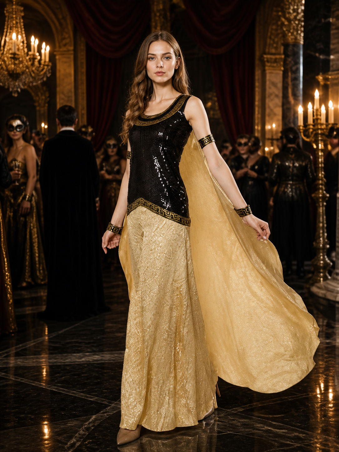 Cleopatra Costume, Black Sequined Top With Gold Long Skirt And Flowing Cape Costume Capes detail