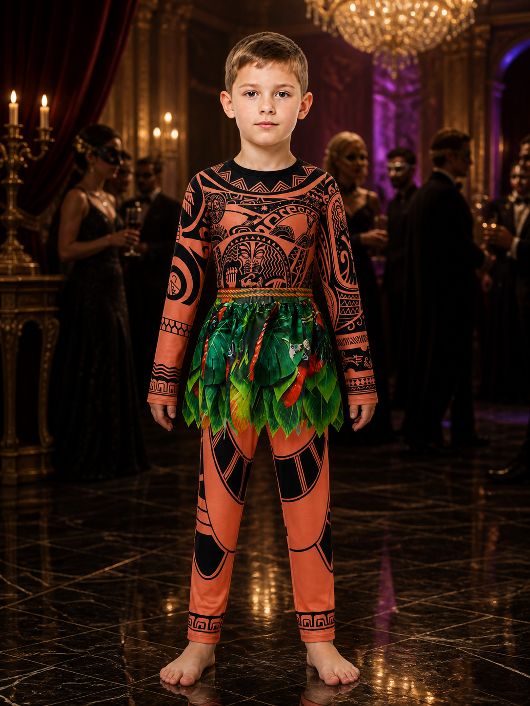 Boys Polynesian Tribal Print Bodysuit Costume with Green Leaf Skirt, Halloween Costumes detail