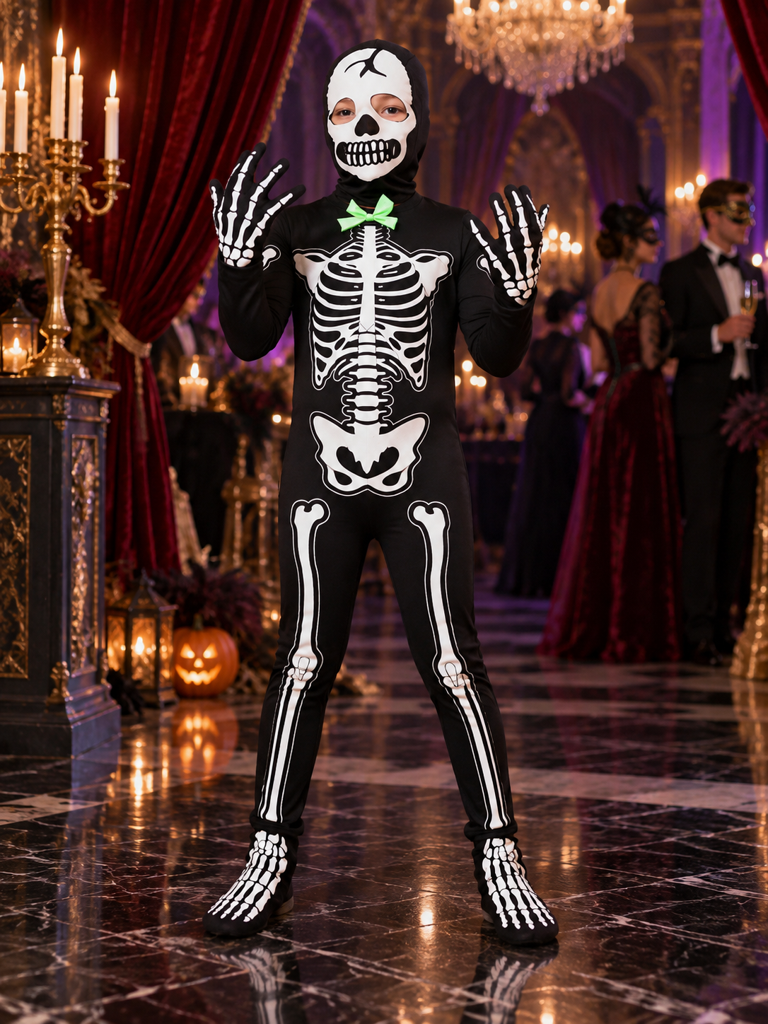 Black Glow-in-the-Dark Skeleton Costume with Skull Mask