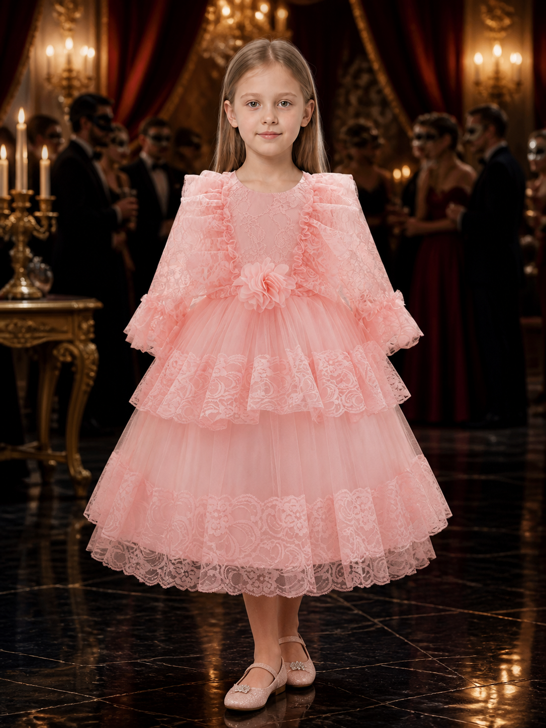 Girls' Pink Princess Dress, Long Sleeve Layered Tulle Party Gown with Flower Costume Dresses detail