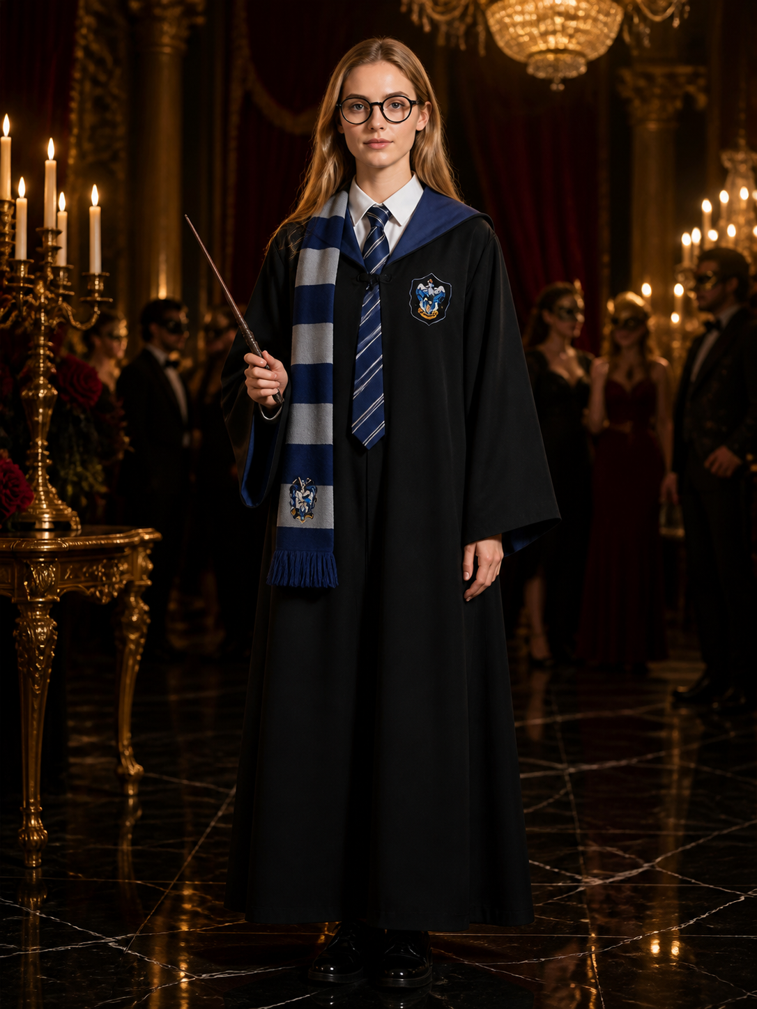 Wizard Robe Costume Set, Hooded Black Cloak with Blue-White Striped Scarf, Tie Costume Capes detail
