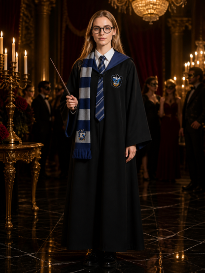 Wizard Robe Costume Set, Hooded Black Cloak with Blue-White Striped Scarf, Tie Costume Capes detail