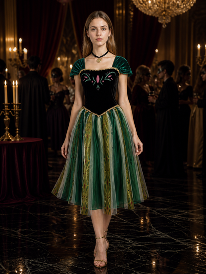 Adult Princess Cosplay Dress, Embroidered Green Black Gold Gown With Necklace Costume Dresses detail