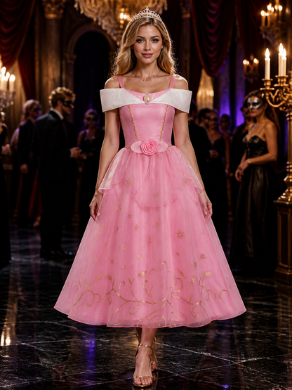 Girls Pink Princess Dress with Rose and Gold Embellishments, White Lace Collar Costume Dresses detail