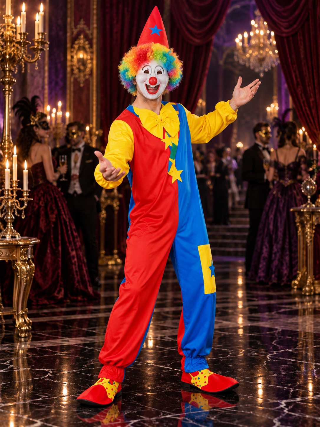 Bright clown costume: jumpsuit, mask, wig, hat