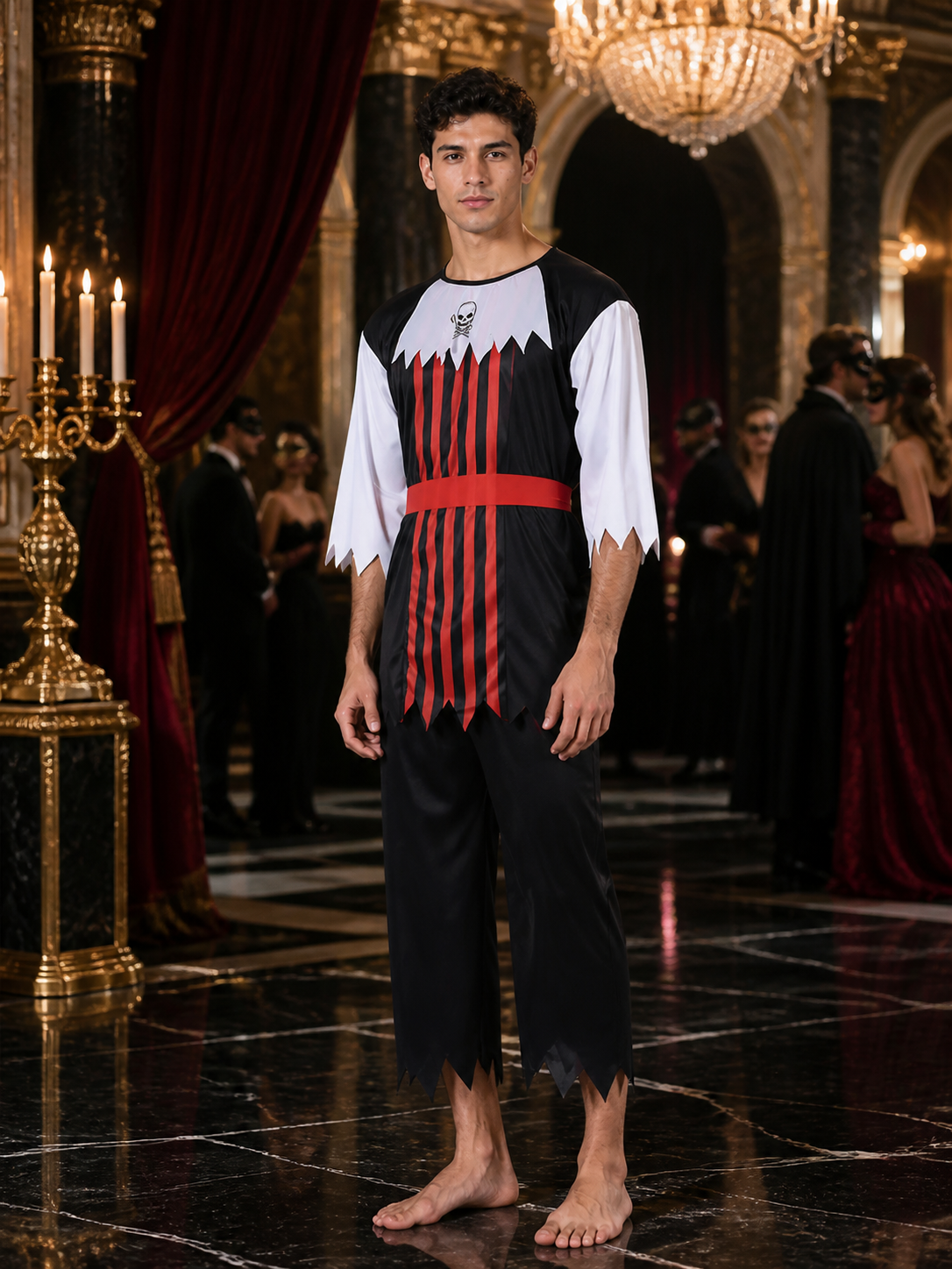 Pirate Costume Set for Adults, Skull Print Black and Red Striped Top and Pants Costumes detail