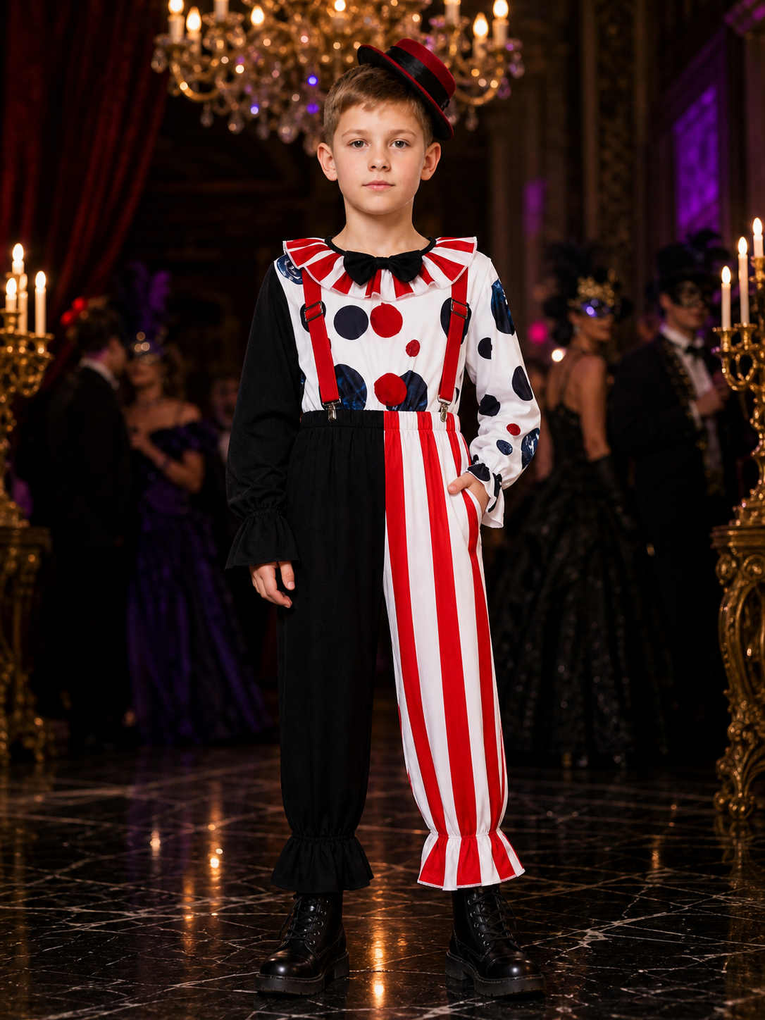 Men's Clown Costume Set, Asymmetric Striped Pants & Vest, Bow Tie, Hat Costume Headwear detail