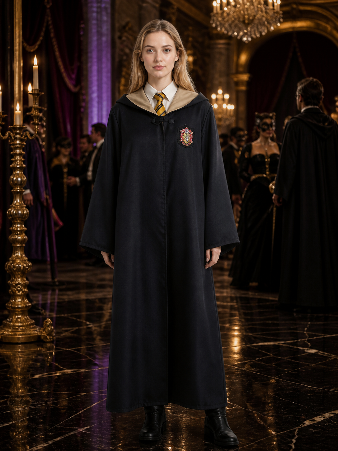 Black Hooded Wizard Robe Costume Set With Striped Tie For Halloween Costumes detail