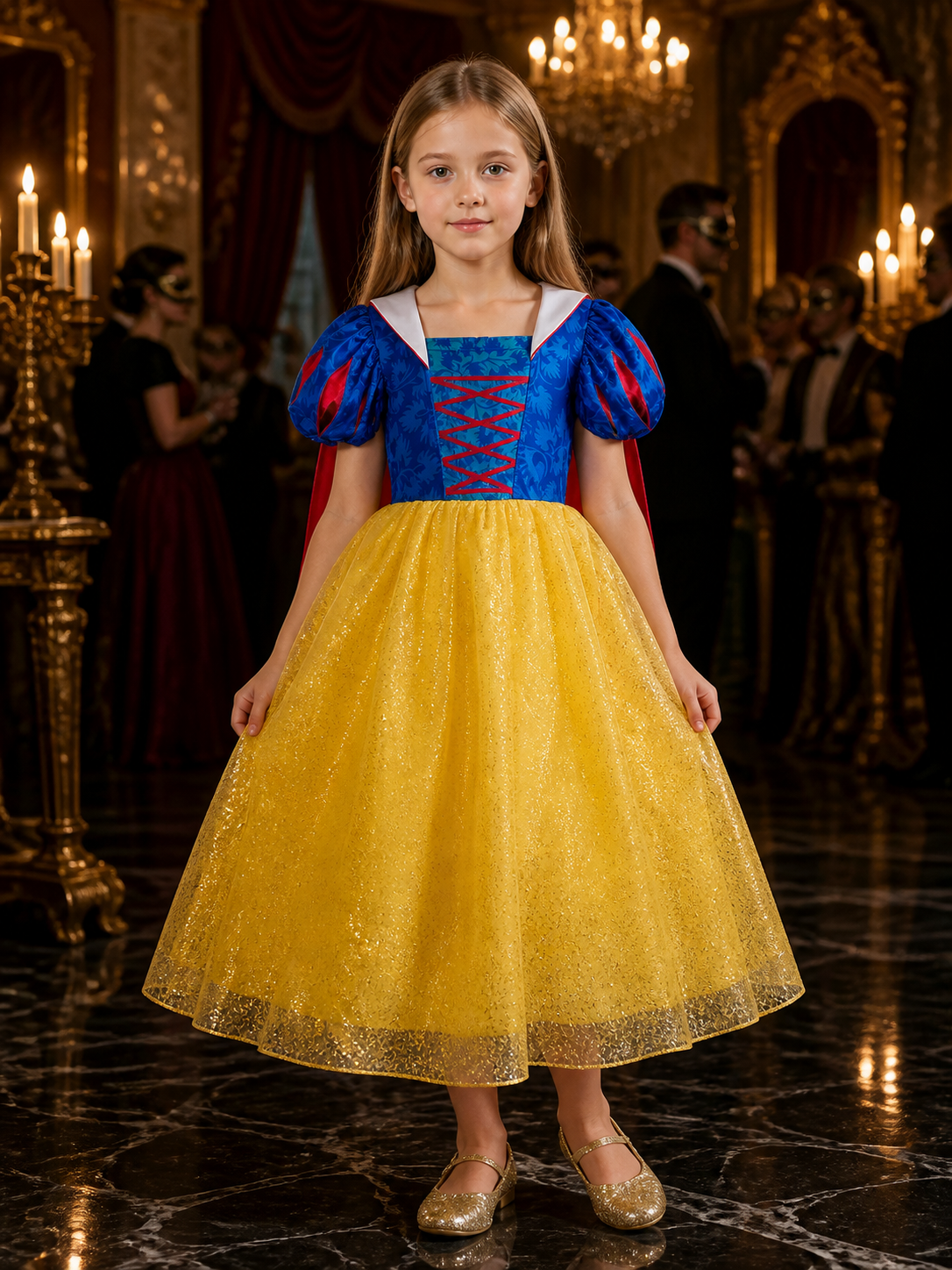 Kids Princess Costume Dress with Cape, Blue and Yellow Ball Gown Halloween Costume Dresses detail