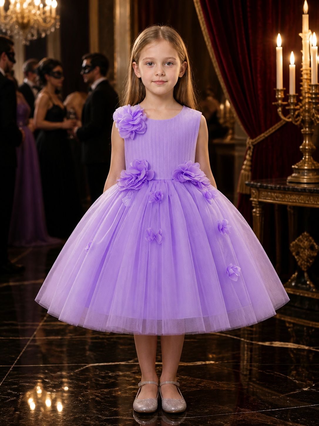 Girls' Lavender Princess Dress, Layered Tulle 3D Floral Flower Girl Outfit Costume Dresses detail