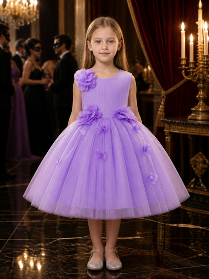 Girls' Lavender Princess Dress, Layered Tulle 3D Floral Flower Girl Outfit Costume Dresses detail