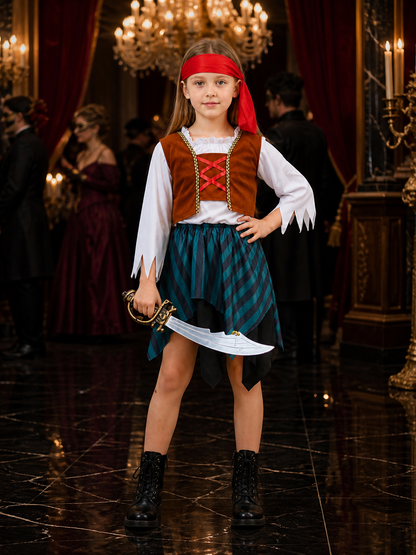 Kids' Pirate Costume Set With Striped Skirt, Vest & Headband For Halloween