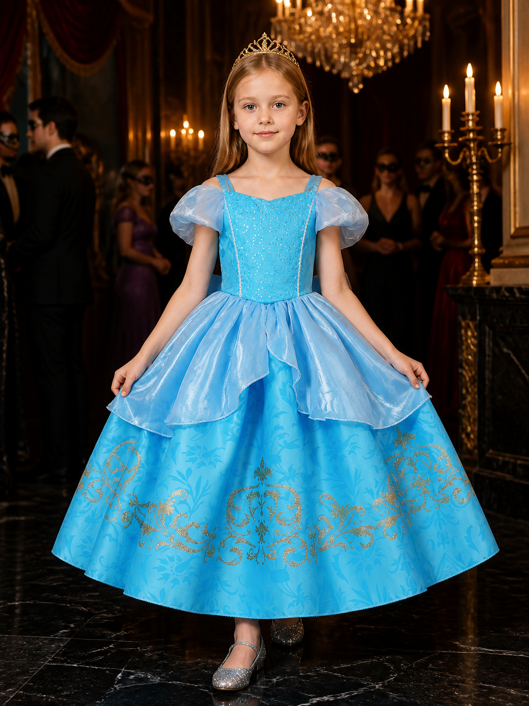 Girls' Blue Princess Dress Costume With Sequined Bodice and Layered Tulle Skirt Costume Dresses detail