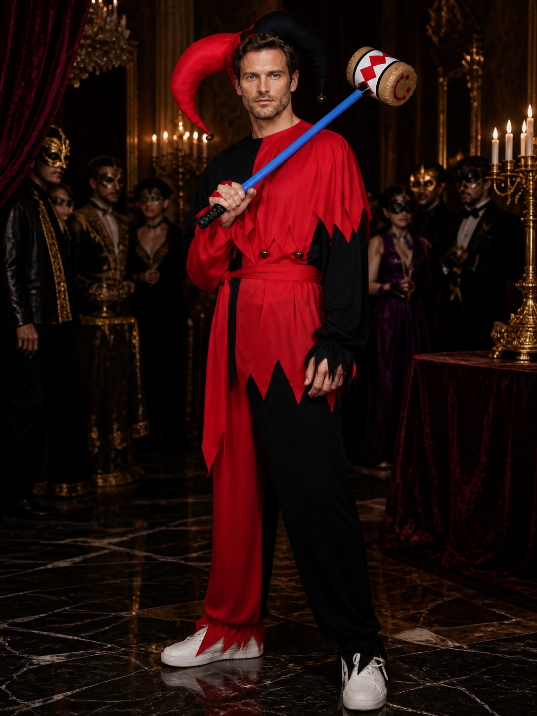 Unisex Red Black Jester Costume Jumpsuit, Hooded with Ruffled Trim, Halloween Costumes detail