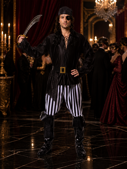 Men's Pirate Halloween Costume Set with Striped Pants and Boot Covers, Black Costumes detail