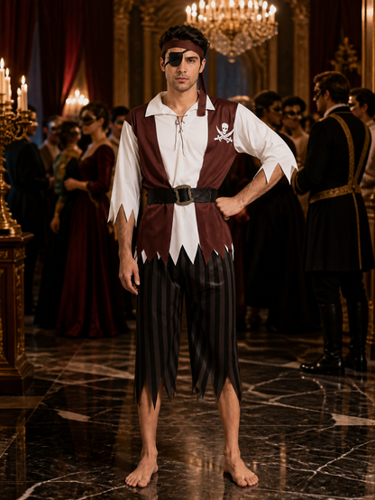 Adult Pirate Costume Set with Shirt, Pants, Headscarf, Belt and Eyepatch Costumes detail