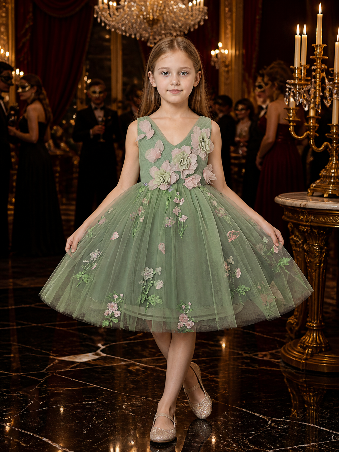 Toddler Girls' Princess Dress, Sleeveless Green Tulle Puff Skirt With Floral
