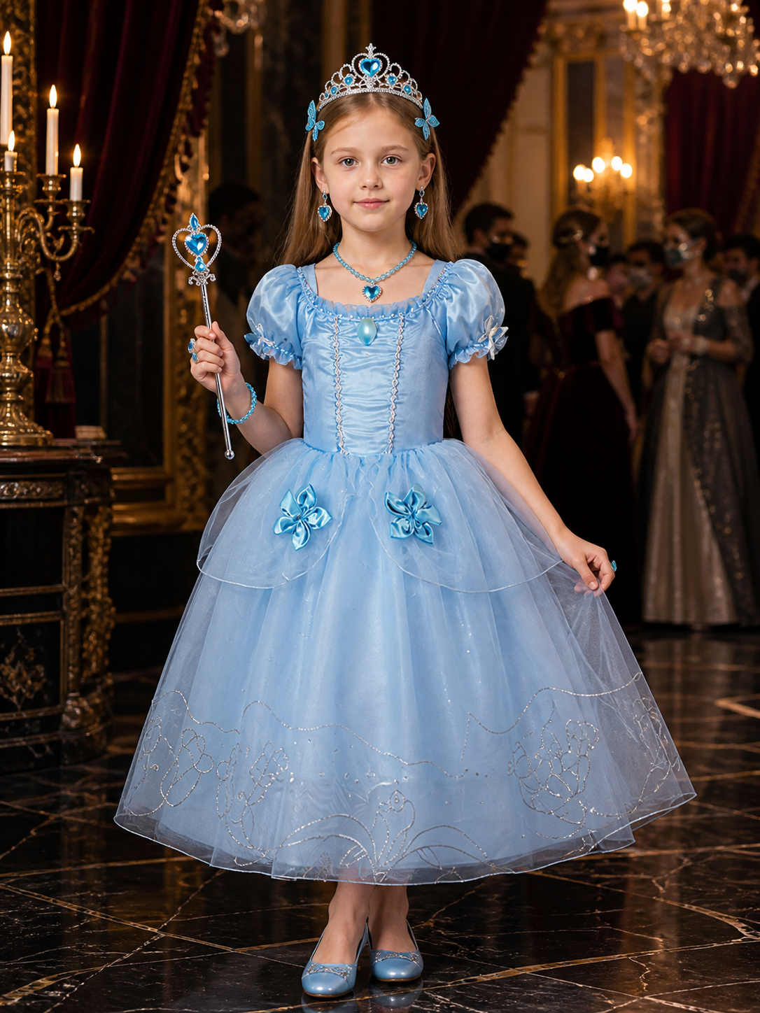 Girls Blue Princess Costume Dress Set with Crown, Wand, and Jewelry, Halloween Costume Dresses detail