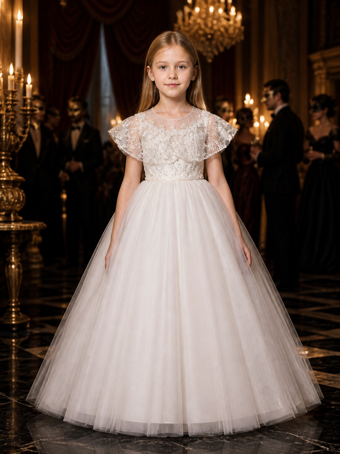 Girls' White Princess Dress, Sequin Floral Lace Tulle Formal Gown, 8Y-12Y Costume Dresses detail