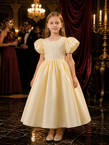 Girls' Christening Dress, Puff Sleeve Princess Gown with Floral Appliqué and product detail