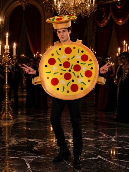 Funny Pizza Costume Jumpsuit With Matching Pizza Hat, Halloween Cosplay Party Costume Headwear detail