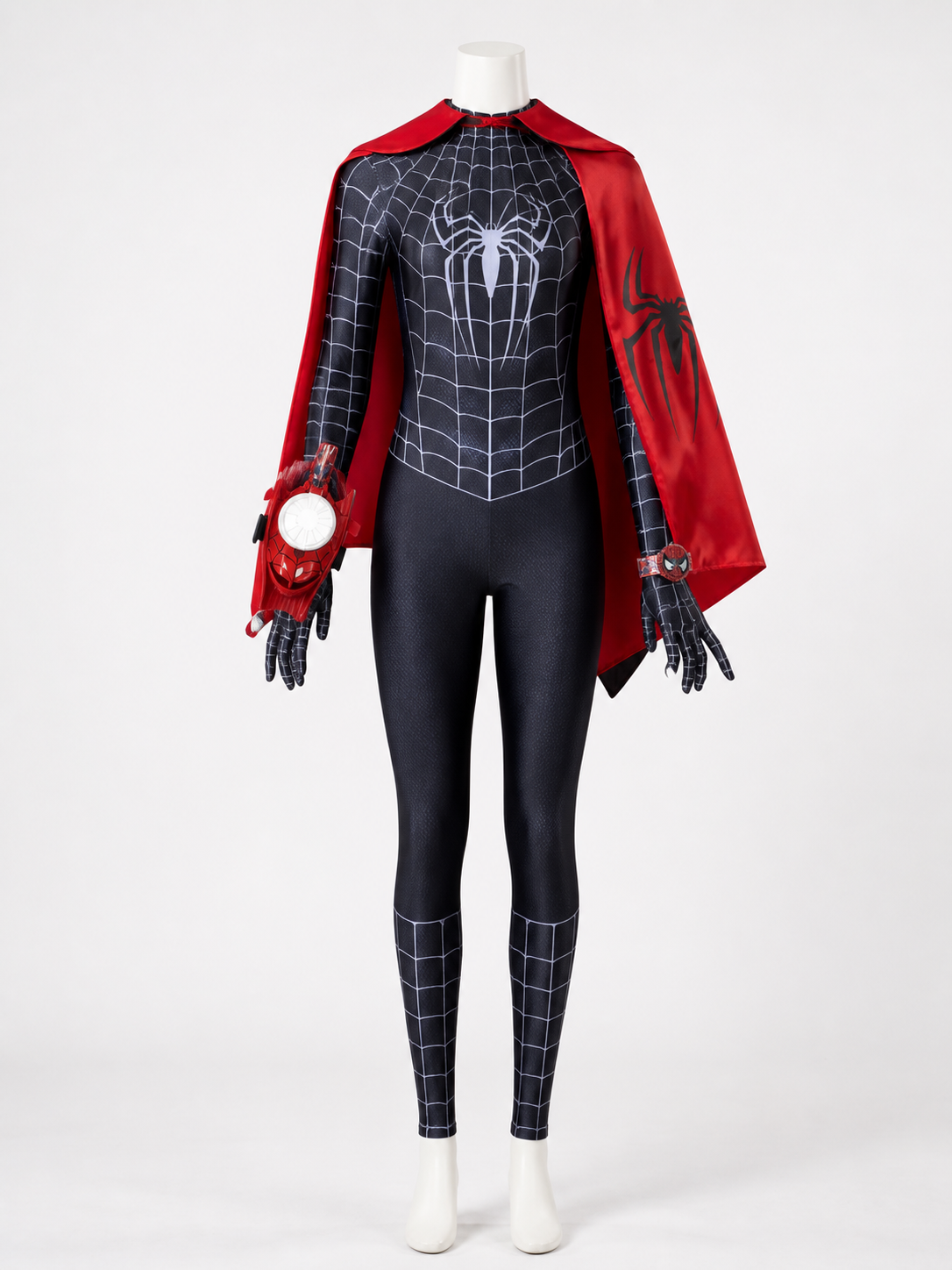 Kids' Black Spider-Themed Full-Body Bodysuit Costume With Cape And Web Shooter Costume Capes detail