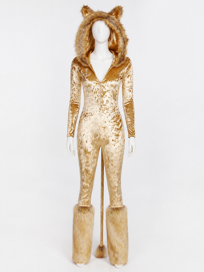 Golden Brown Hooded Animal Jumpsuit Costume with Plush Trim, Halloween Cosplay Costumes detail
