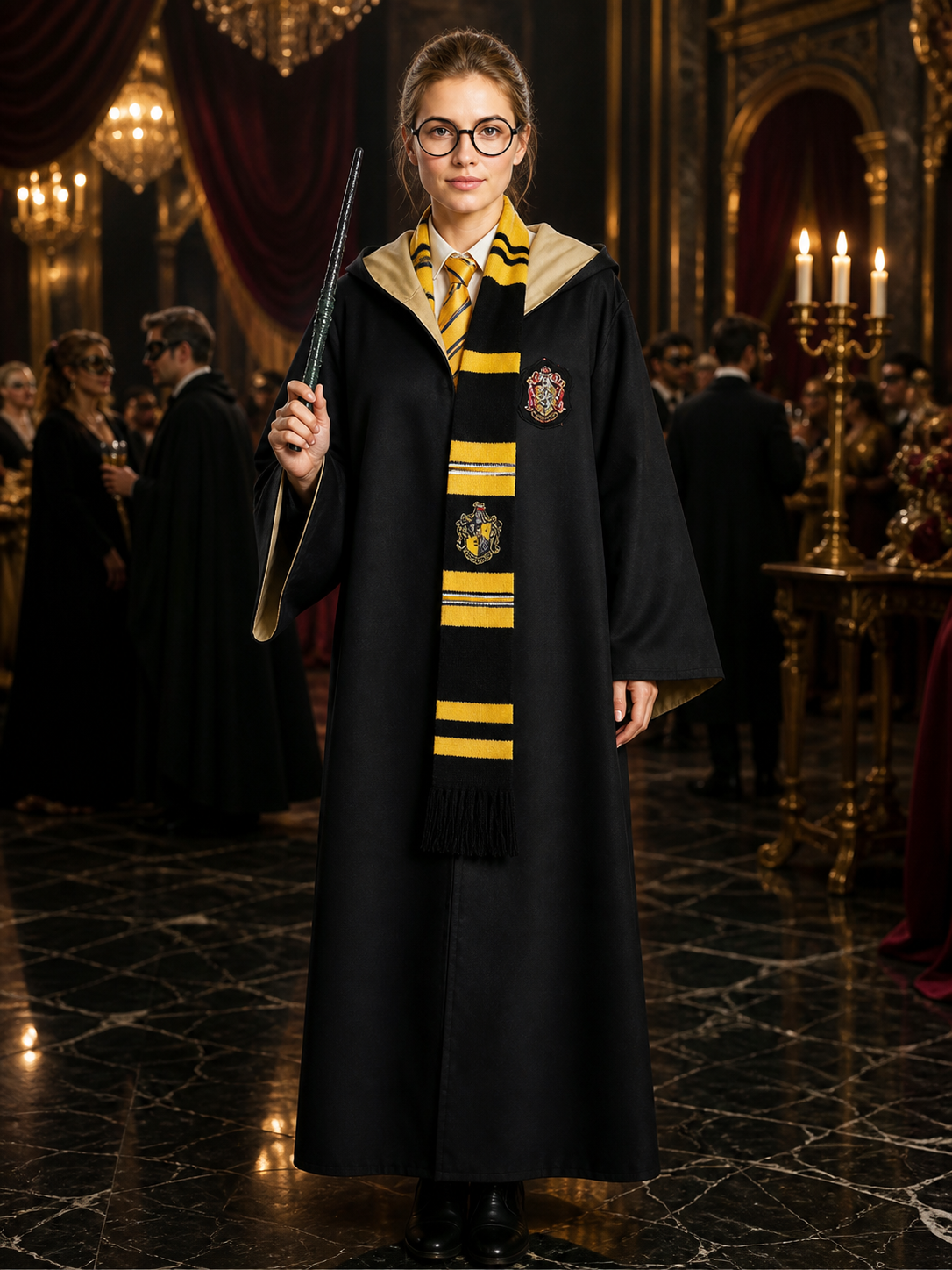Kids Wizard Robe Hooded Costume Set with Tie, Scarf, Glasses & Wand - Yellow and Costume Accessories detail