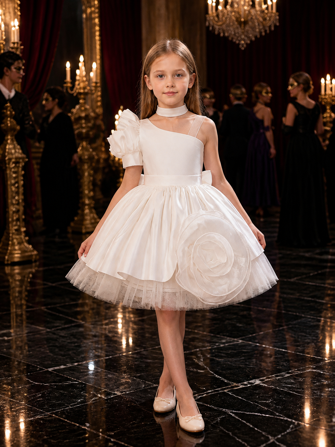 Toddler Girls' White Princess Dress, One-Shoulder Puff Sleeve And Flower Detail Costume Dresses detail