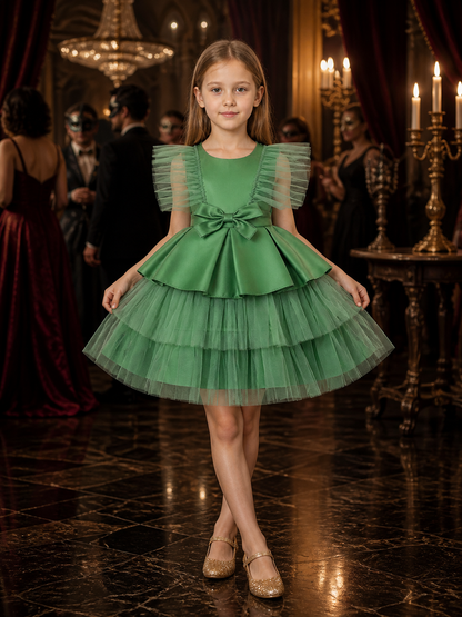Girls' Green Princess Tulle Dress, Short Sleeve Bow Flower Girl Formal Dress Costume Dresses detail