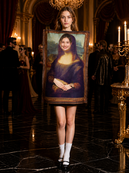 Funny Mona Lisa Costume Jumpsuit with Classic Painting Frame for Halloween Costumes detail