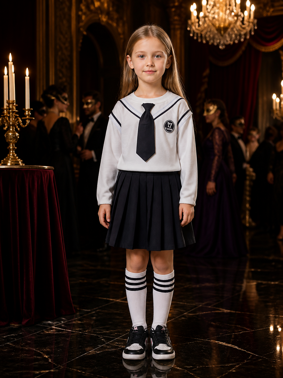 Kids Wizard School Uniform Costume Set, White Long Sleeve Sailor Top with Black Costumes detail