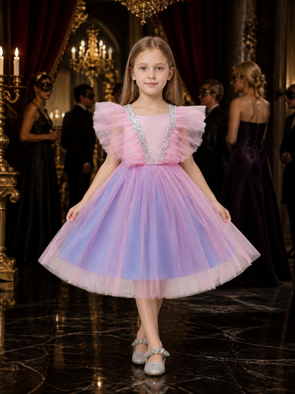 Girls' Gradient Tulle Princess Dress with Layered Skirt and Rhinestone Bow Costume Dresses detail