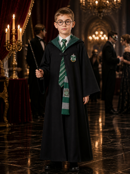 Slytherin Themed Wizard Costume Set: Dark Green Hooded Robe, Scarf, Tie, Glasses Costumes detail