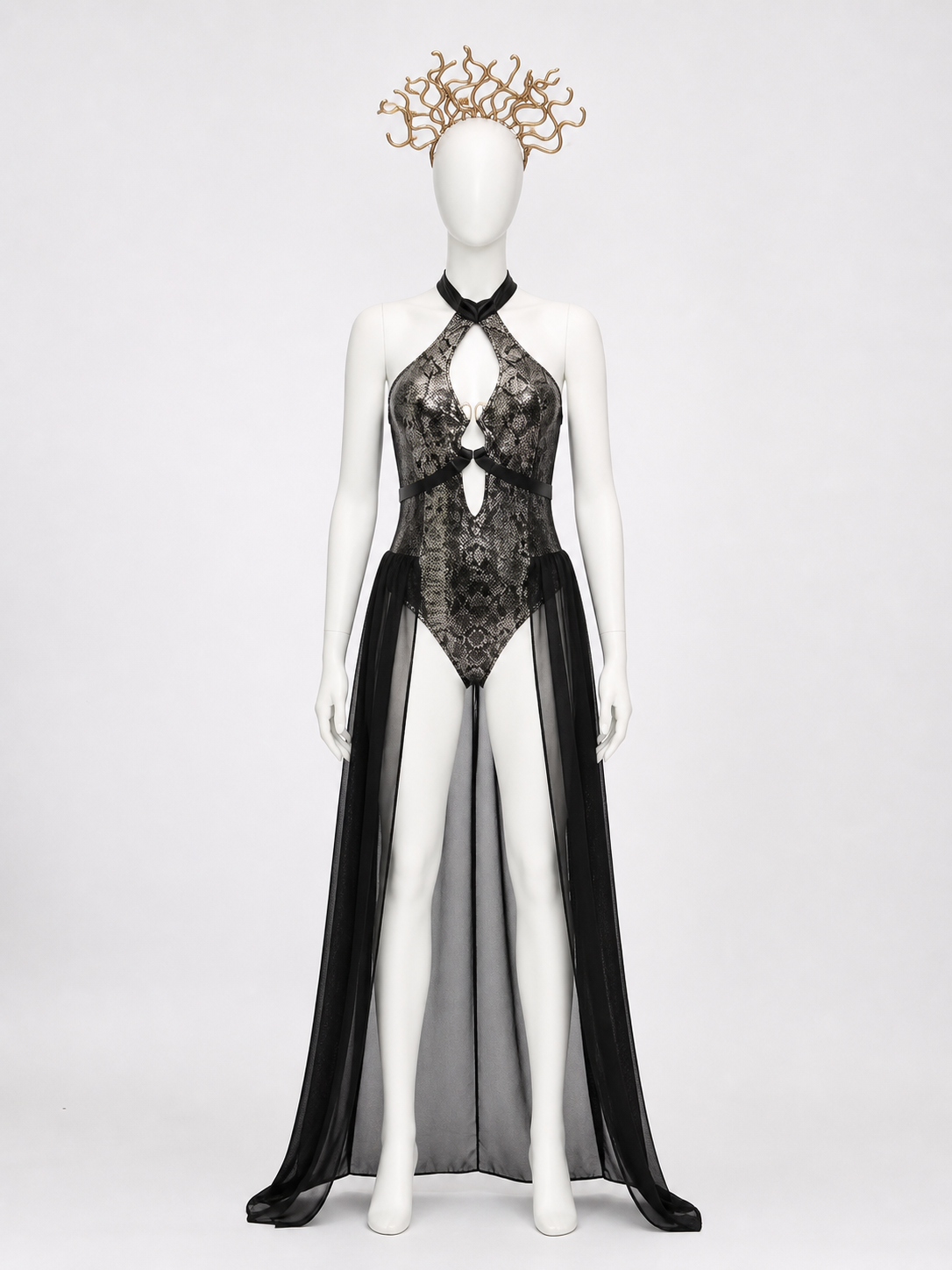 Egyptian Queen Bodysuit Costume With Cutout Design, Headpiece And Sheer Side Costume Headwear detail