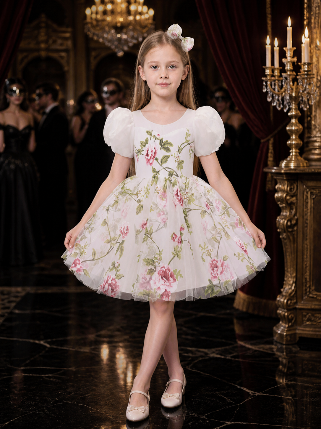 Toddler Girls' White Floral Princess Dress Set with Puff Sleeves and Bow Hair Costume Dresses detail
