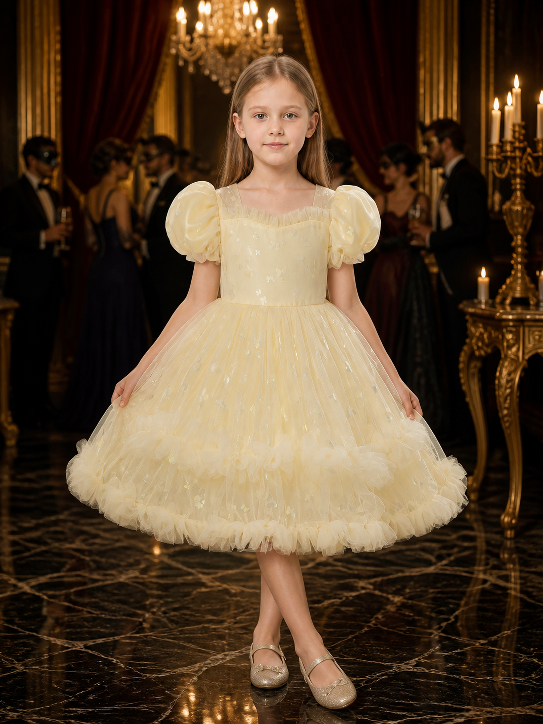 Toddler Girls' Princess Flower Girl Dress, Layered Tulle Puff Sleeve Formal Costume Dresses detail