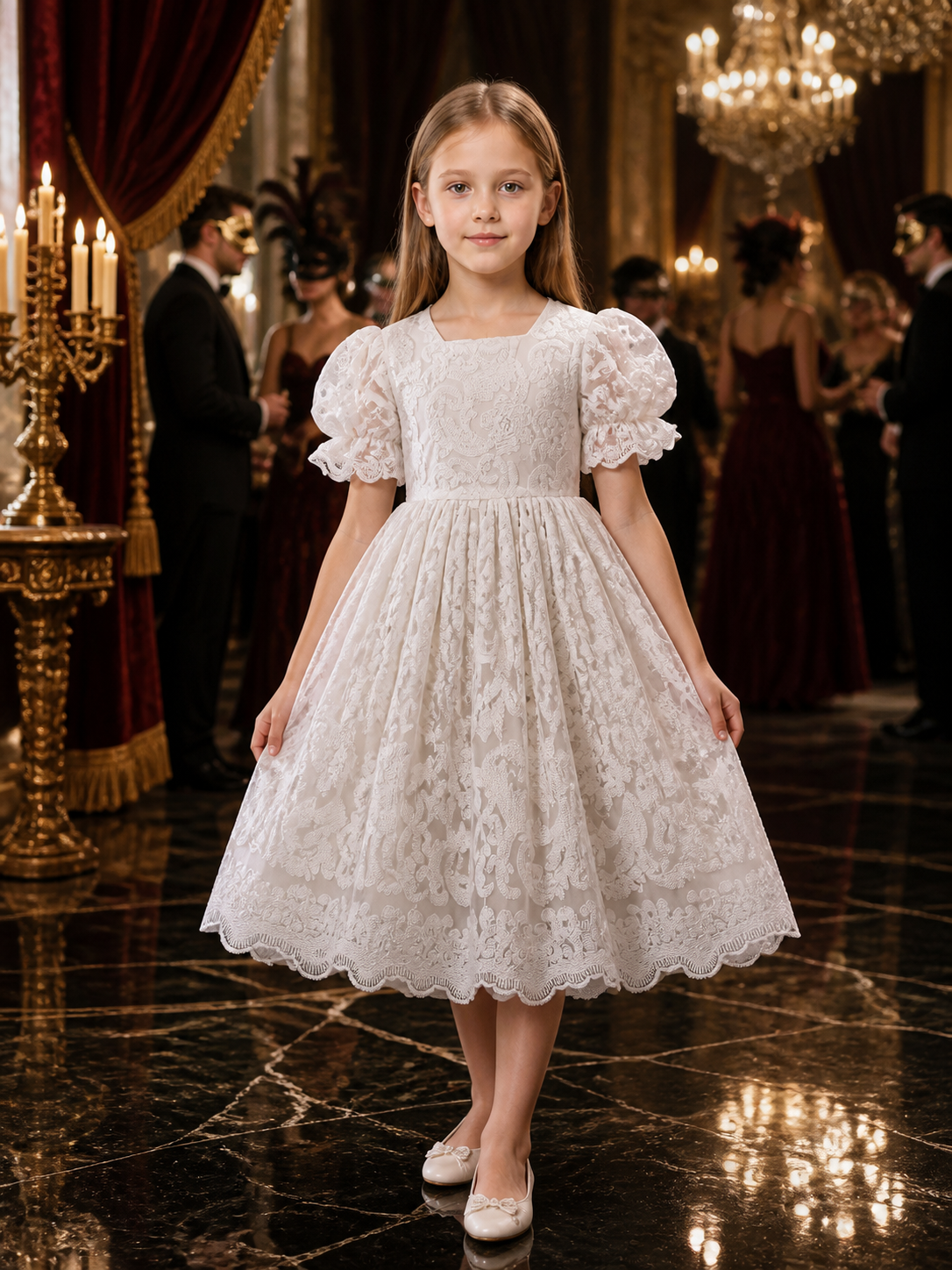 Girls' White Lace Embroidered Princess Dress, Puff Sleeve Short Tutu Outfit Costume Dresses detail