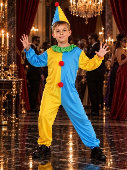 Kids' Clown Costume Blue and Yellow with Hat