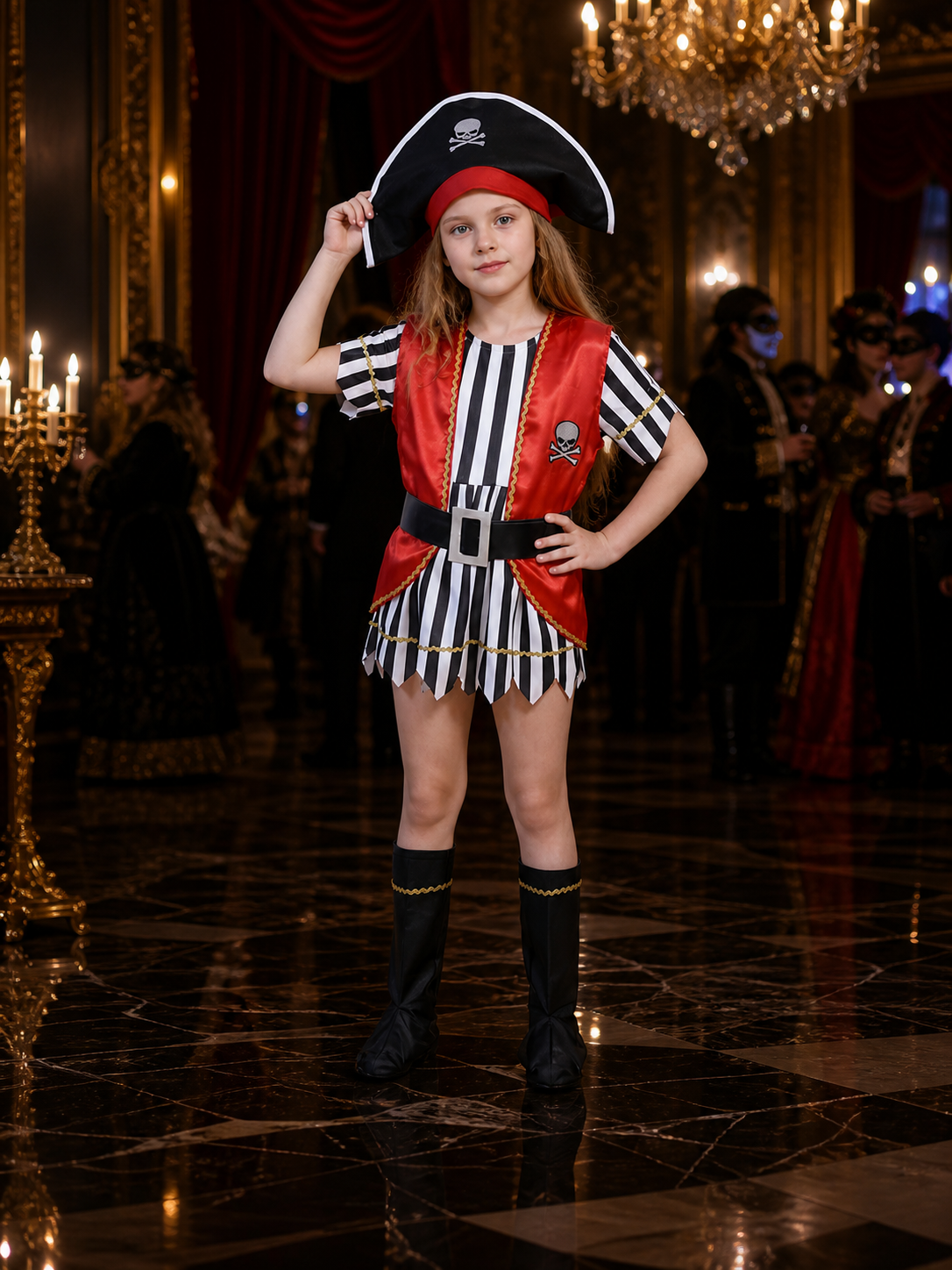 Kids Pirate Costume Set, Red Vest with Skull Print, Striped Jersey and Hat for Costume Headwear detail