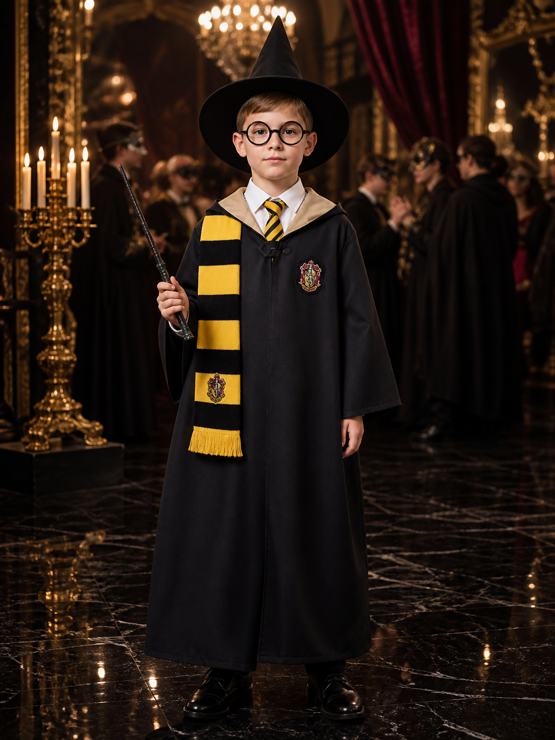 Kids' Wizard Costume Set, Black & Gold Robe with Hat, Scarf, Glasses and Wand Costume Headwear detail