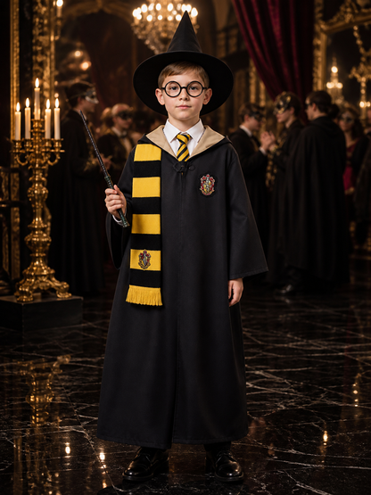 Kids' Wizard Costume Set, Black & Gold Robe with Hat, Scarf, Glasses and Wand Costume Headwear detail